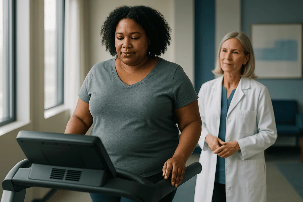 Pregnant woman using treadmill with doctor observing — What happens to fat cells in the weeks after controlled cooling