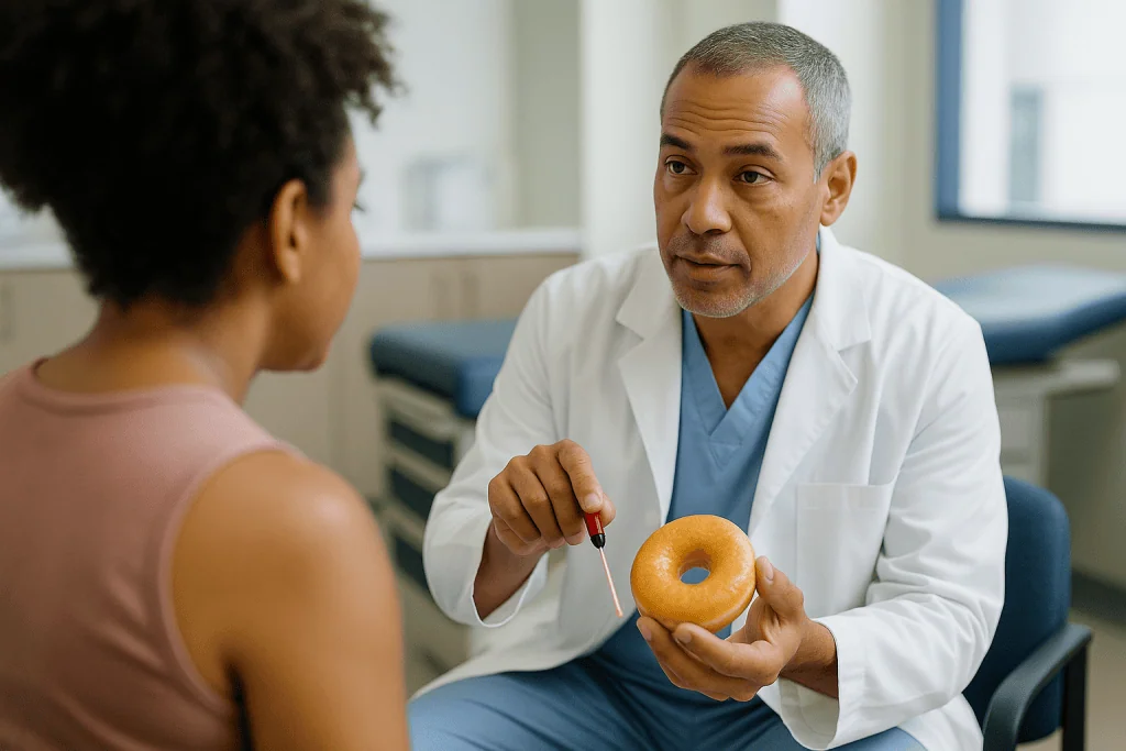Doctor discussing nutrition with patient, holding donut: What happens to fat cells when the laser heats them?