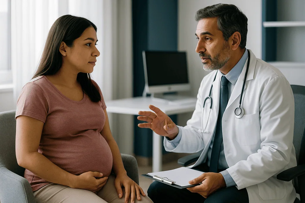 Pregnant woman consulting with male neurologist in office: What happens to MS relapse rates during pregnancy: the evidence