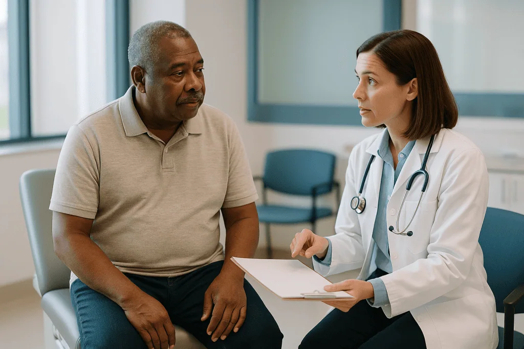 Doctor consulting male patient in clinical office setting: What happens to PSA levels after prostate radiation therapy?