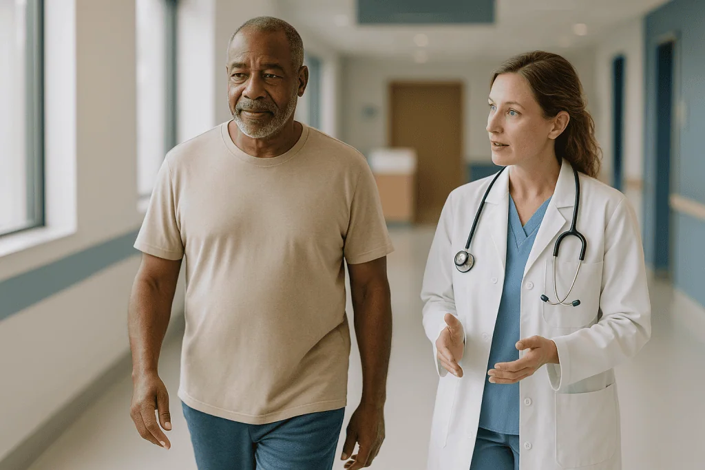 Doctor and patient walking in hospital corridor — What happens to your body when you walk every day?