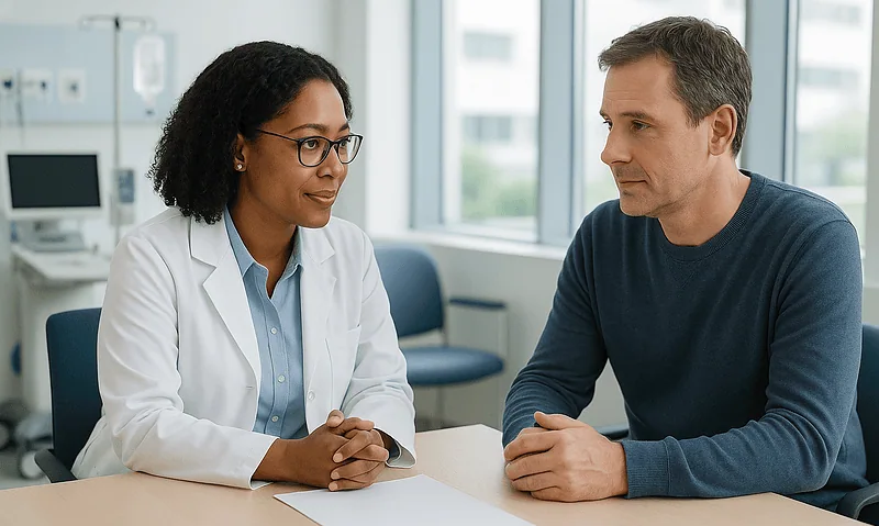 Doctor consulting with a male patient in a hospital office.
