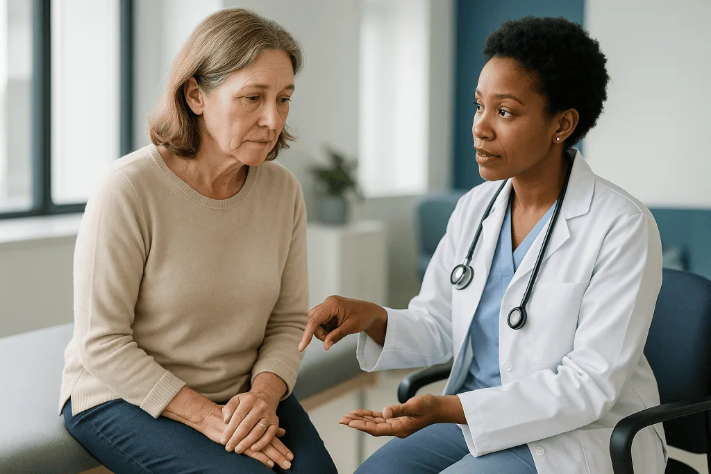 Doctor consulting with older adult patient in clinical setting: What happens when a cancer is in stage 2?