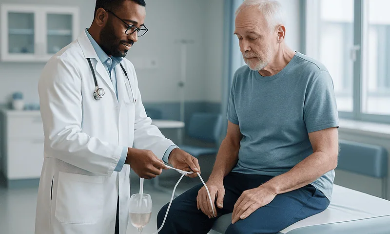 Doctor explaining urinary catheter procedure to elderly patient in hospital.