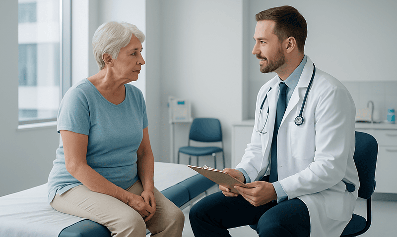 Doctor consulting with elderly female patient in a modern clinic.