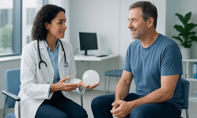 Doctor explaining gastric balloon removal to patient in clinic setting.
