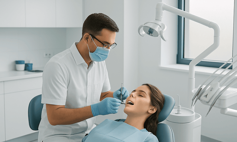 Dentist performing a dental filling procedure on a patient in a modern clinic.