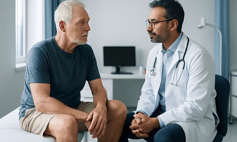 Doctor consulting with an elderly male patient in a medical office.