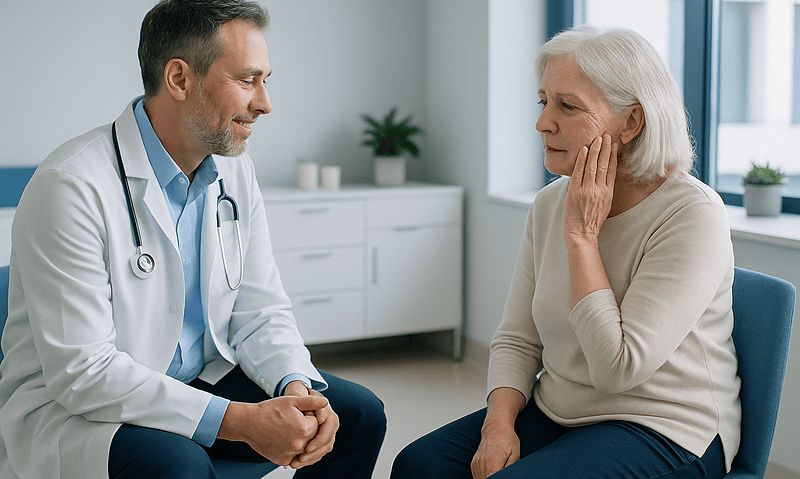 Doctor consulting with elderly woman about dental health in clinic.