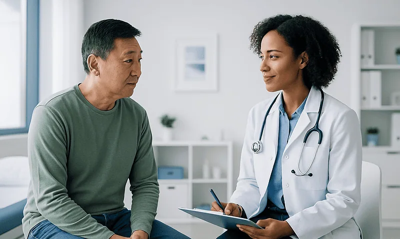 Doctor consulting with a male patient in a medical office.