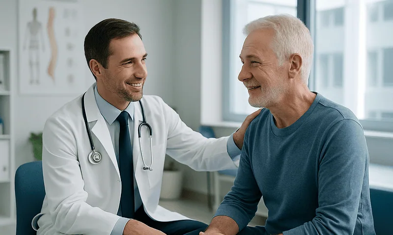 Doctor consulting with an elderly male patient in a hospital setting.