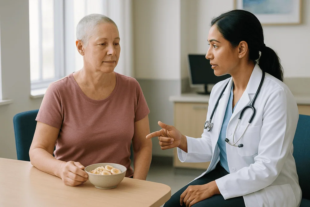 Doctor consulting senior female patient about nutrition: What hormone therapy for breast cancer actually does inside the bod