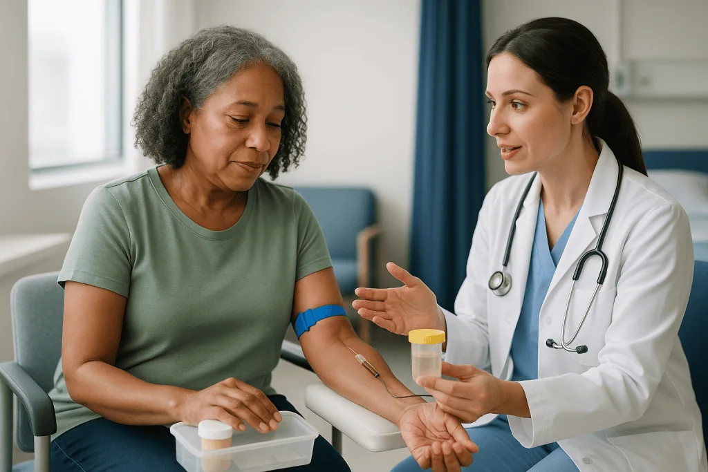 Doctor consulting with patient, blood draw sample collection: What HUS diagnosis tests actually involve on the first day