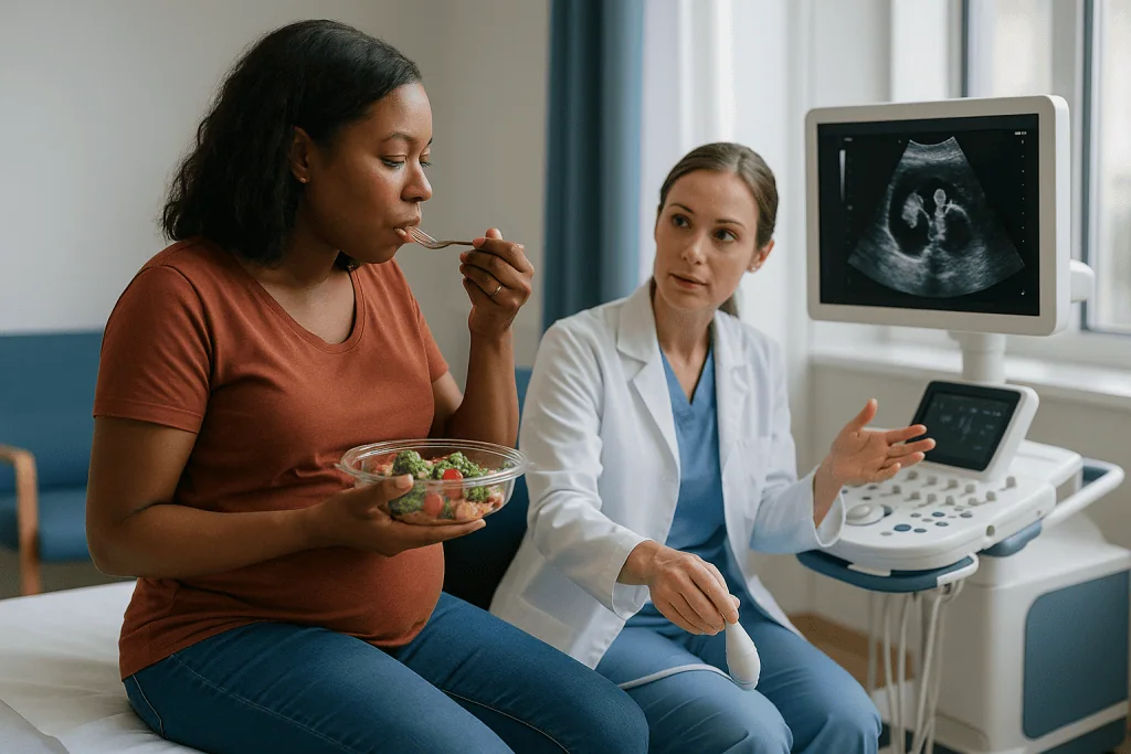 Pregnant woman consulting with doctor during ultrasound examination: What hydronephrosis on ultrasound means, and what it do