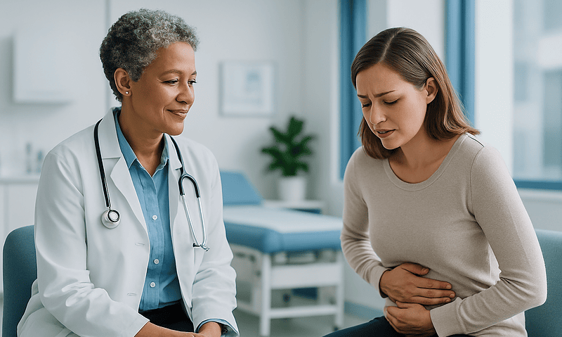 Doctor consulting with a woman experiencing abdominal pain in a clinic setting.