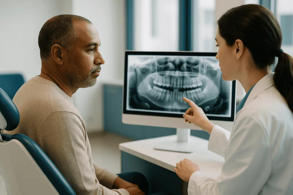 Dentist reviewing panoramic X-ray with patient: What imaging is often used before implant surgery?