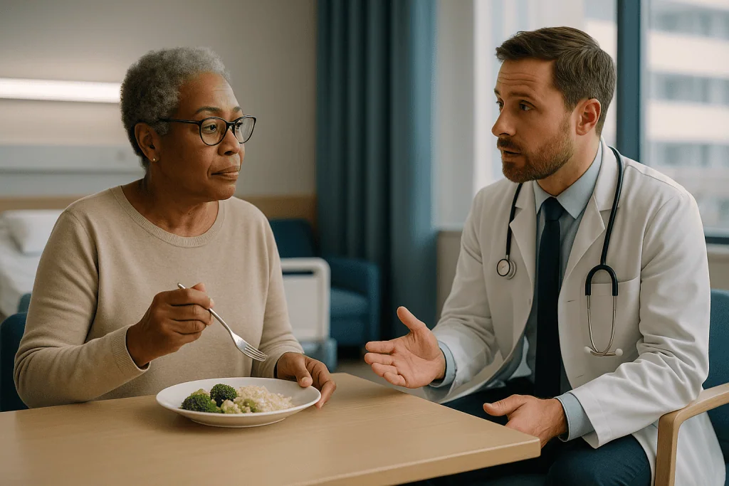 Doctor consulting patient about meal nutrition: What "improvement" means in CIDP: strength, sensation, fatigue