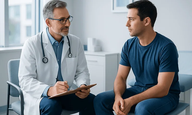 Doctor consulting with a young male patient in a medical office.