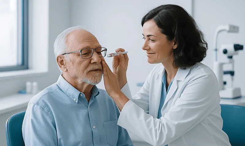 Ophthalmologist administering eye injection to an elderly patient.
