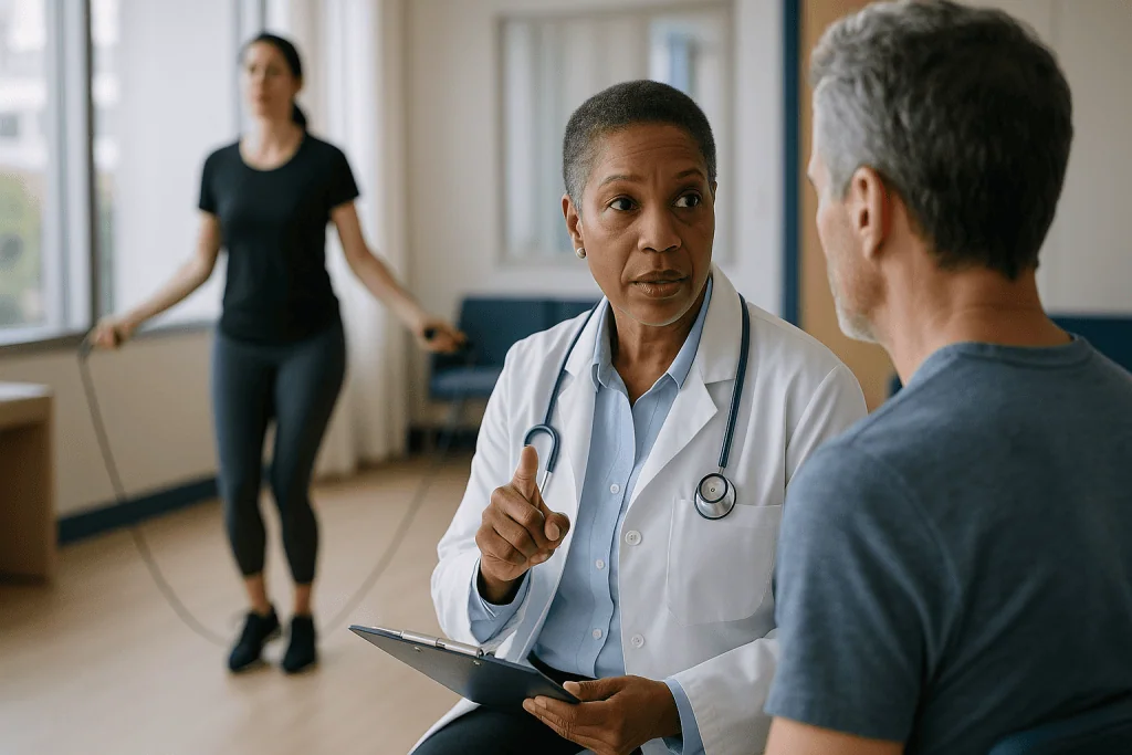 Doctor consulting patient in clinical setting with exercise class: What is 10 minutes of jump rope equal to?