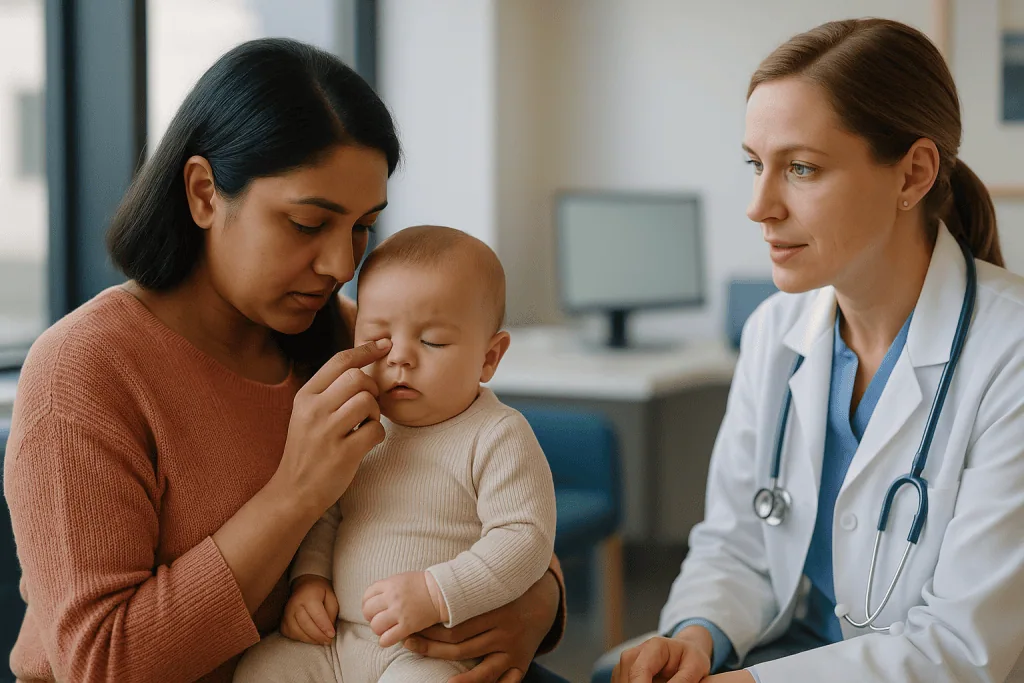 Mother holding infant during pediatric eye examination consultation: What is a blocked tear duct in babies, and why is it so