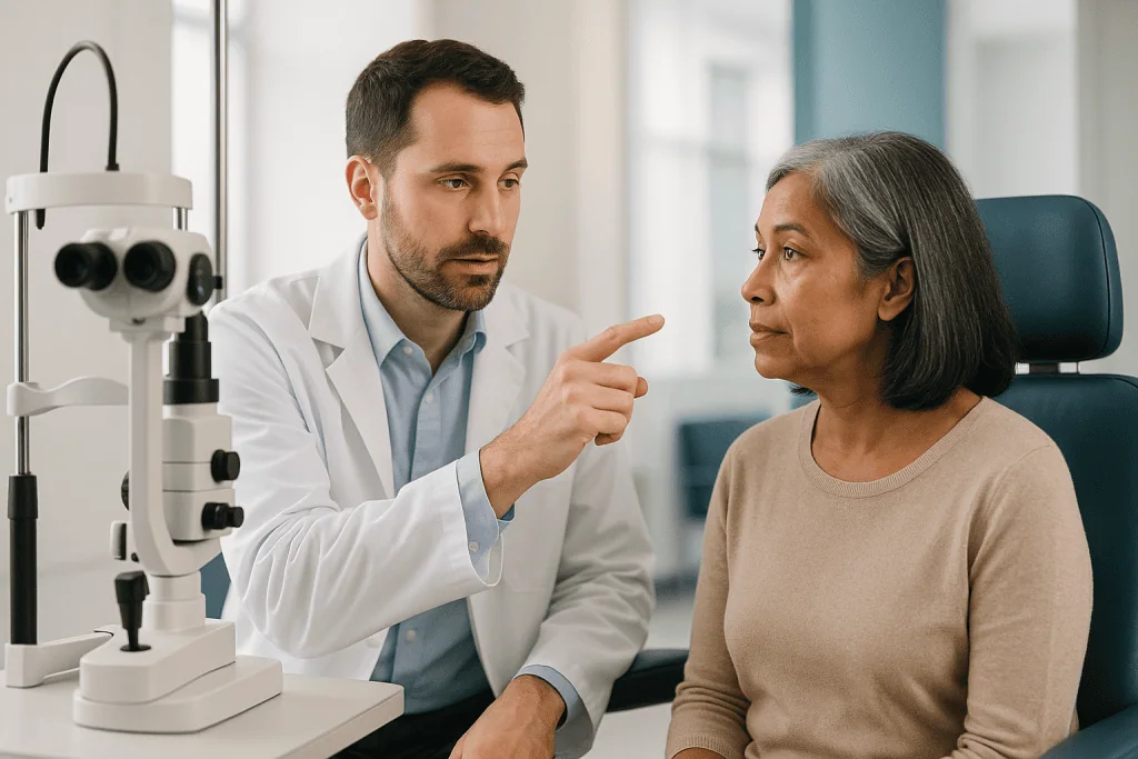 Ophthalmologist examining patient with slit lamp microscope: What is a cornea specialist called, and how does a corneal spec