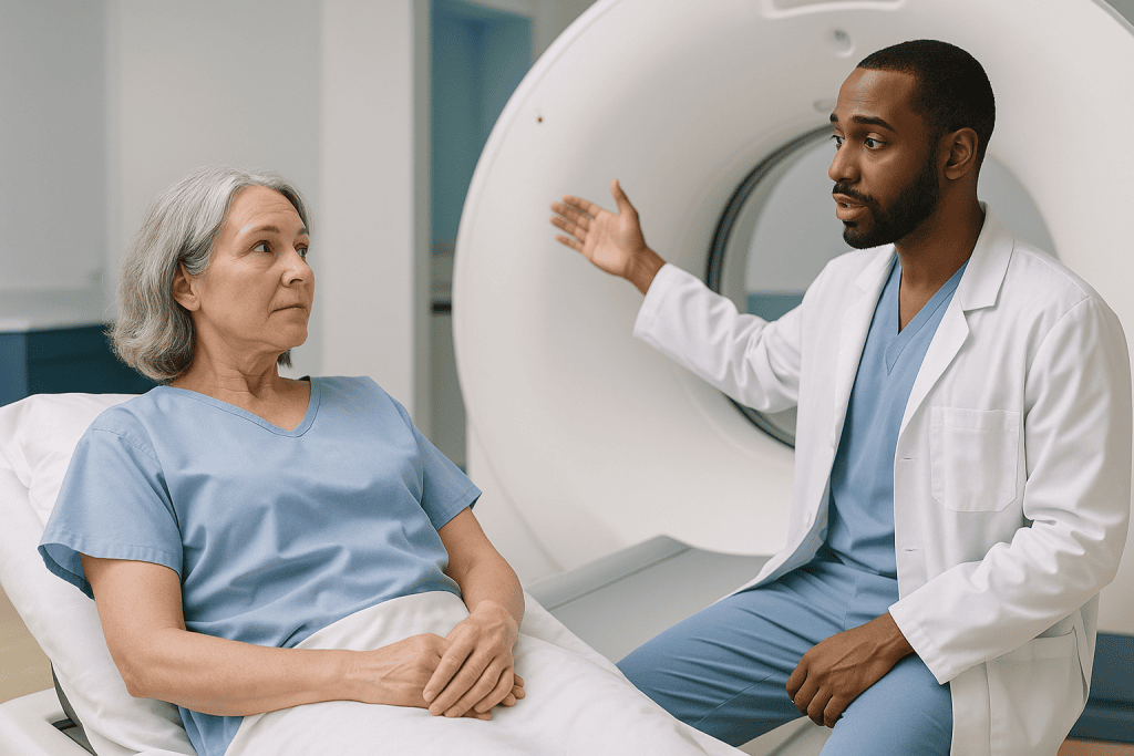 Doctor explaining CT/MRI scan to patient: What is a CT urogram, and what are its three phases?