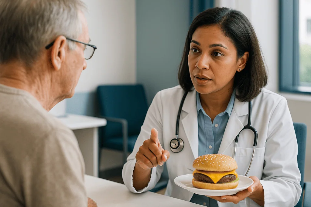 Doctor discussing burger with senior patient consultation: What is a dangerously high cholesterol level?