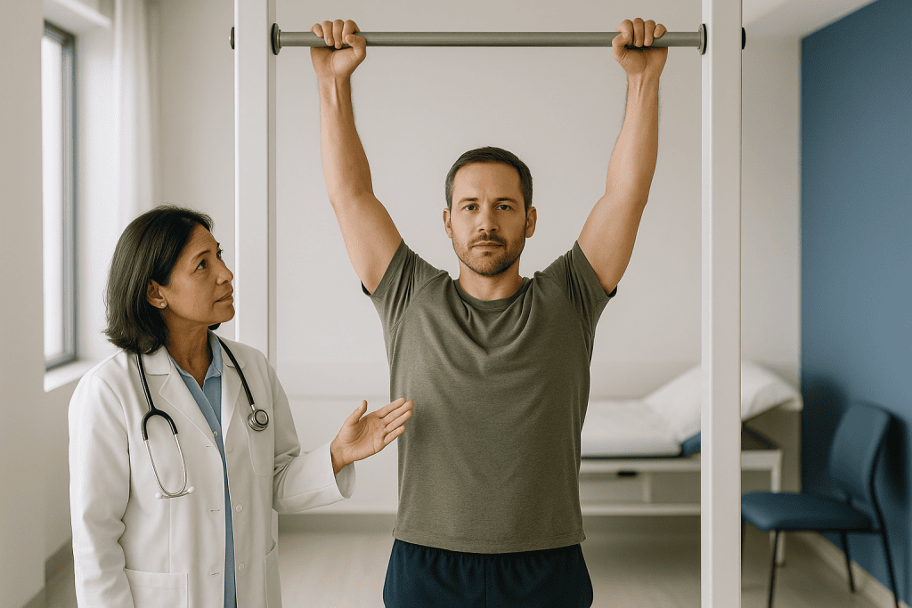 Doctor observing patient performing pull-up bar exercise: What is a dead hang, and how is it different from an active hang?