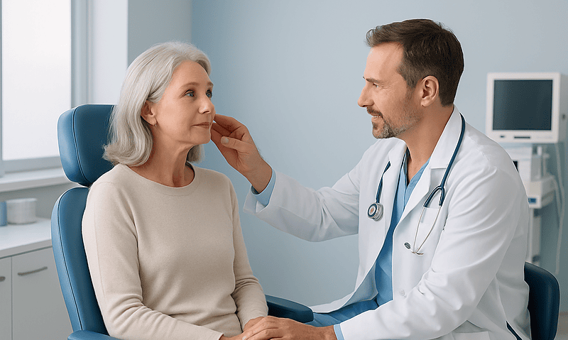 Doctor examining an elderly woman's face in a medical consultation room.
