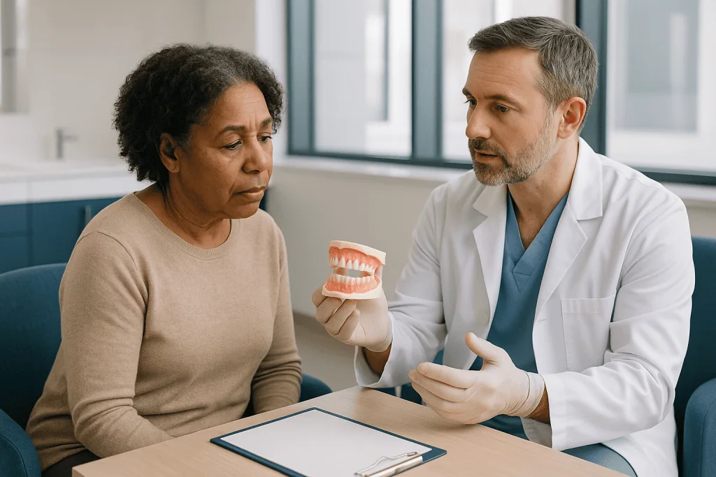 Dentist consulting patient about dental prosthetics model: What is a dental prosthesis, and what are the main types of denta