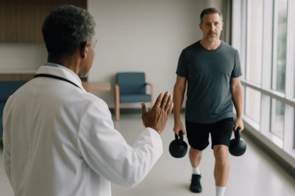 Personal trainer coaching man performing kettlebell farmer's carry — What is a farmers carry, exactly?