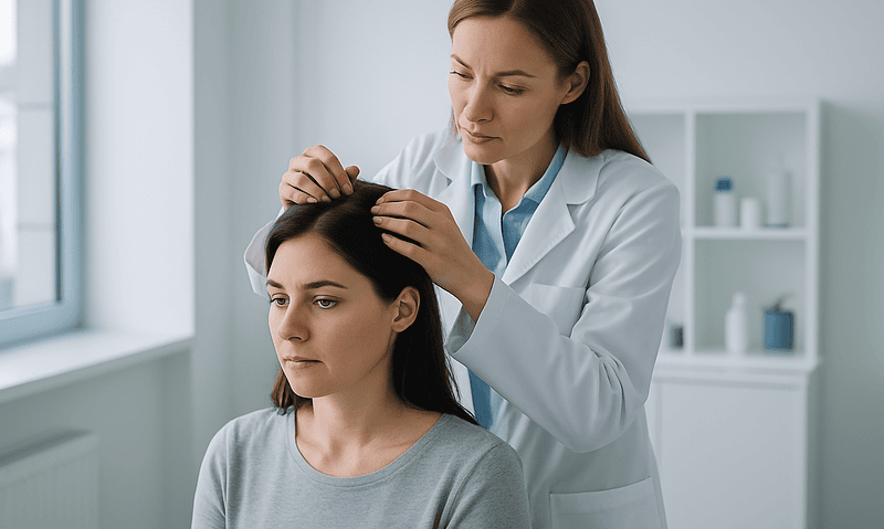 Doctor examining woman's scalp for hair graft assessment at Acibadem Hospital.