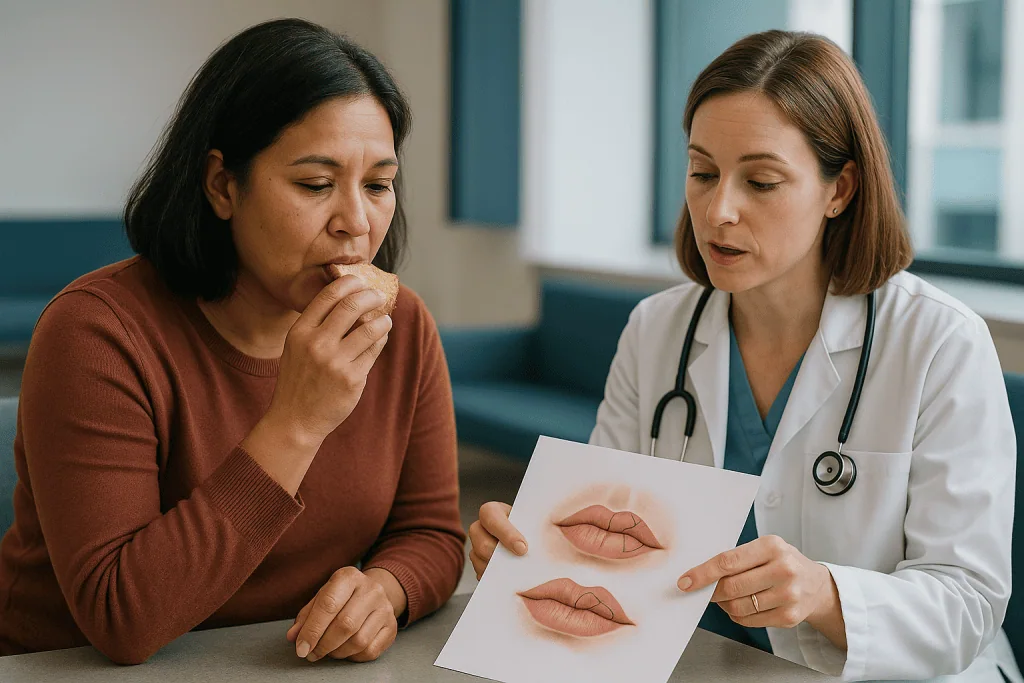Doctor and patient reviewing lip images during consultation: What is a local flap, and how is it different from a skin graft