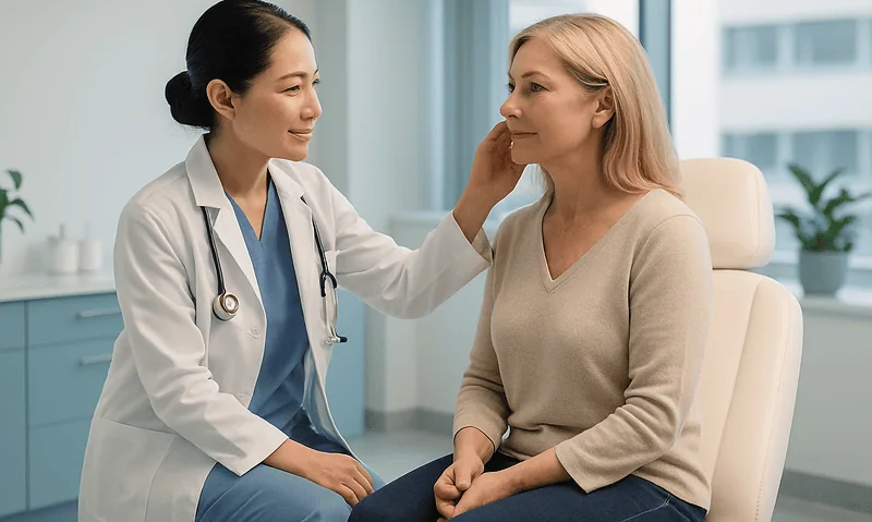 Doctor examining a patient in a modern clinic setting.