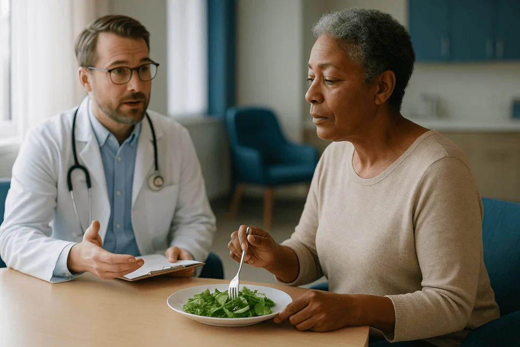 Doctor consulting patient about diet and salad: What is a normal eGFR level?