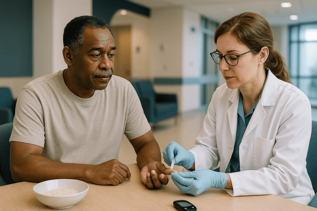 Healthcare provider performing finger prick blood test on patient: What is a normal fasting insulin level?
