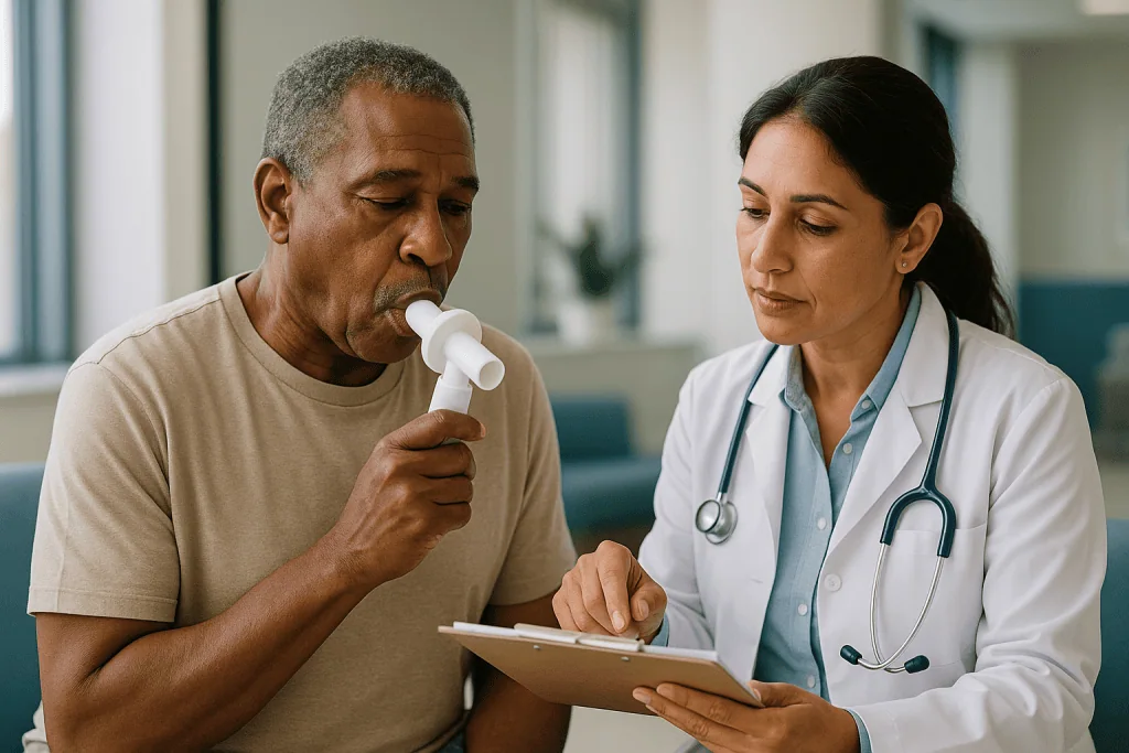 Doctor consulting patient with spirometry device: What is a normal score for a pulmonary function test? Understanding percen