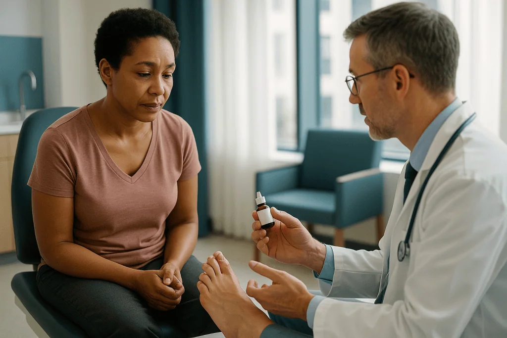 Doctor consulting patient with medication bottle: What is a phenol matrixectomy and why is it so often added?