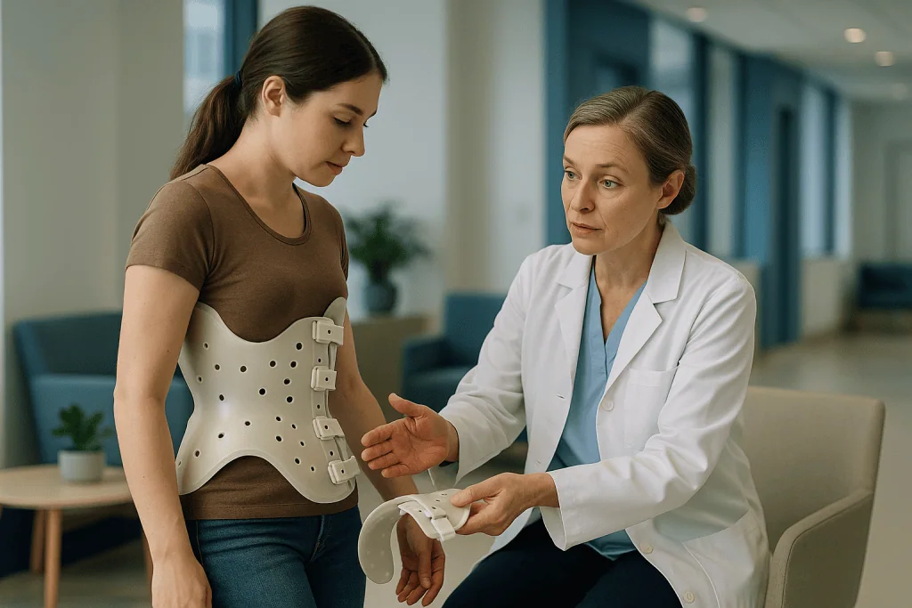 Doctor examining patient wearing scoliosis brace: What is a scoliosis brace and how does it actually work?
