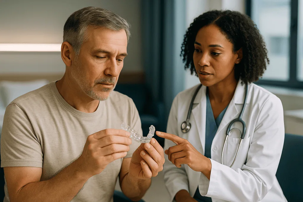 Doctor showing oral appliance to male patient — What is a sleep apnea mouth guard and how does it keep the airway open?