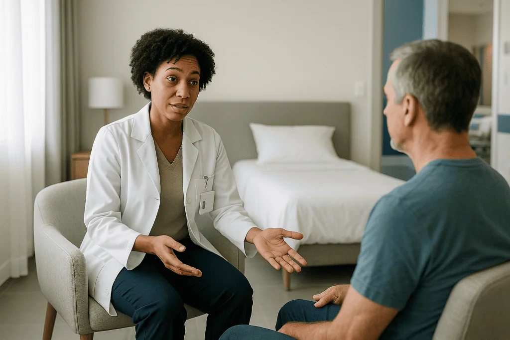 Doctor consulting with patient in hospital bedroom: What is a sleep divorce, exactly?