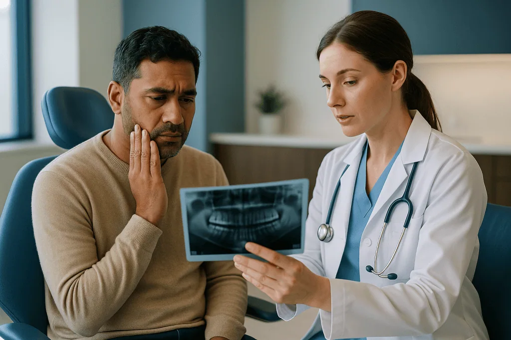 Dentist consulting patient about dental X-ray results: What is a surgical extraction, and what makes it surgical?