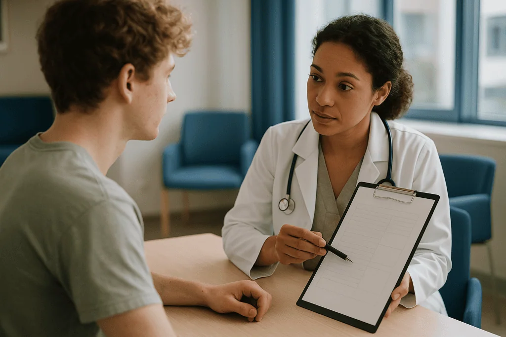 Doctor consulting with young male patient in clinic: What is a transition readiness assessment in CF, and what does it measu