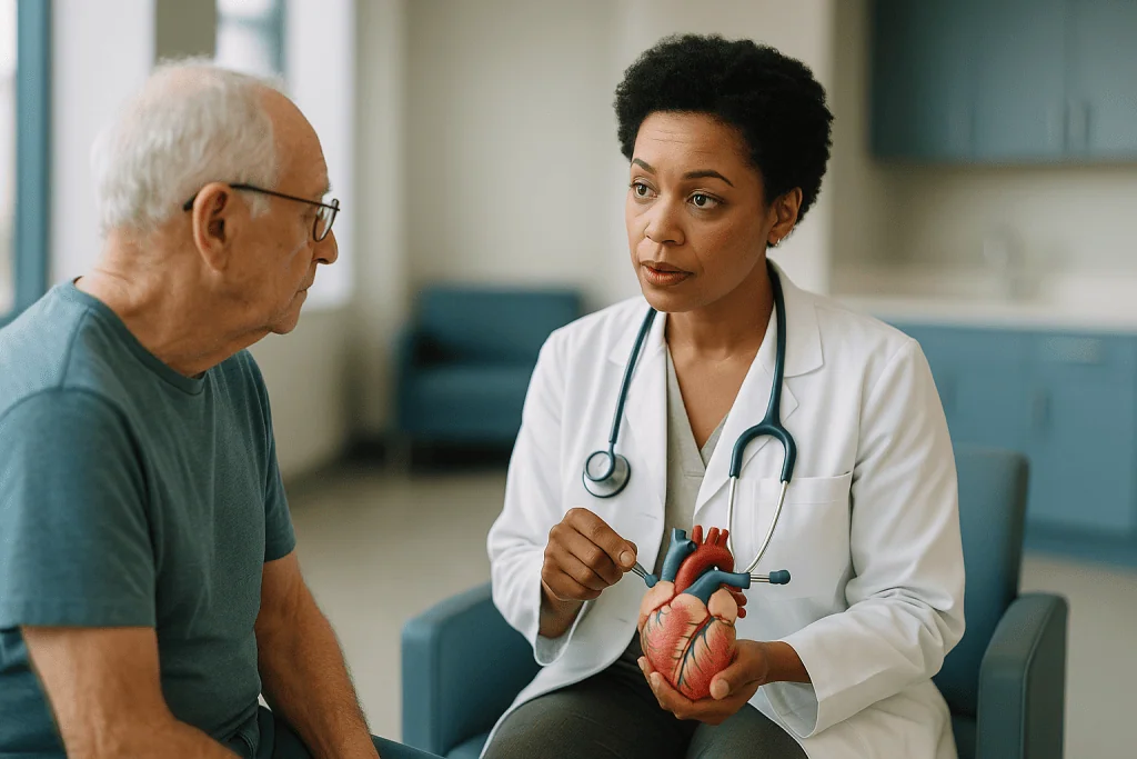 Cardiologist consulting senior patient about heart model: What is a transplant cardiologist, and how is that different from 