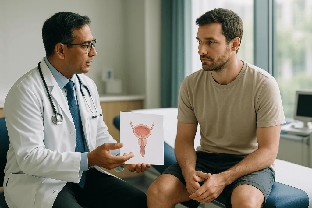 Doctor consulting male patient about urological condition: What is a varicocele and how does repair actually work?