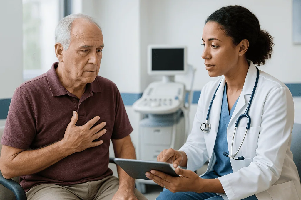 Doctor consulting elderly male patient with tablet: What is a worrisome ejection fraction?