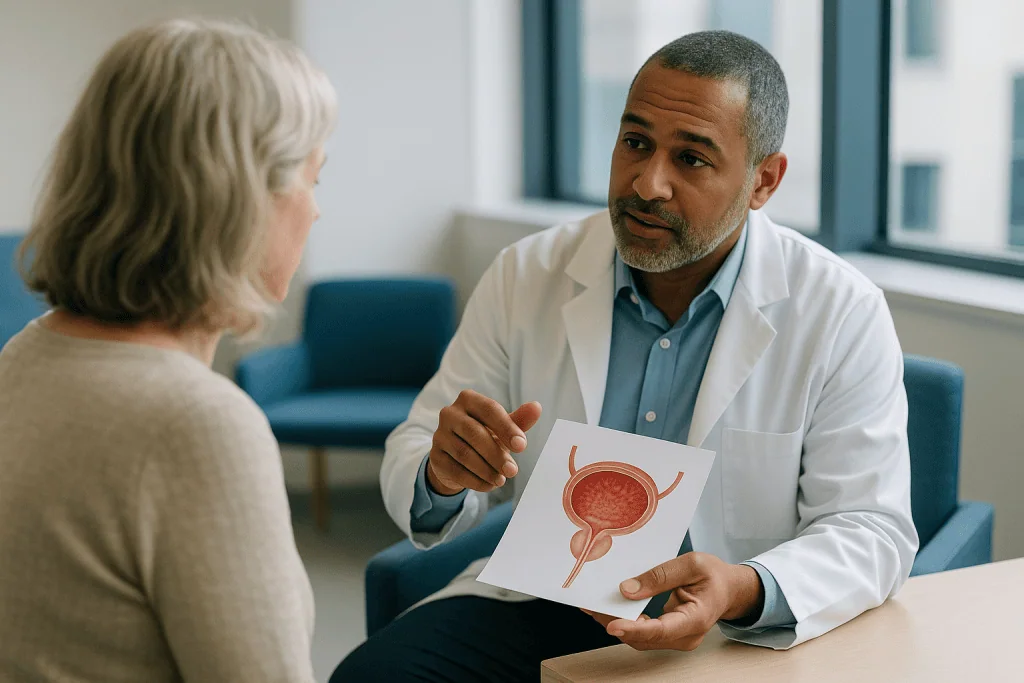 Doctor showing bladder diagram to elderly female patient: What is actually happening in the bladder during a UTI?