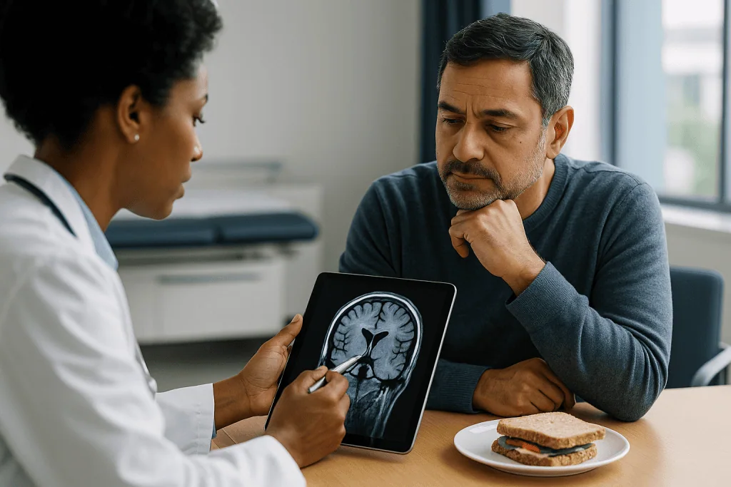 Doctor showing brain MRI scan to patient during consultation: What is actually happening in the brain, and why treatment can