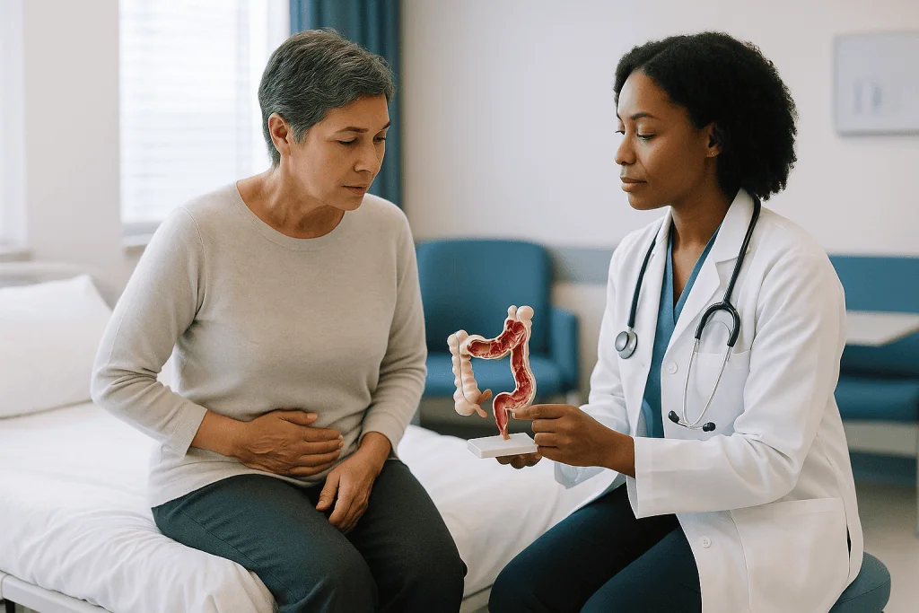 Doctor explaining colon anatomy model to patient — What is actually happening in the colon during a flare